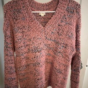 Hem & Thread Textured Pink and Blue V-Neck Sweater